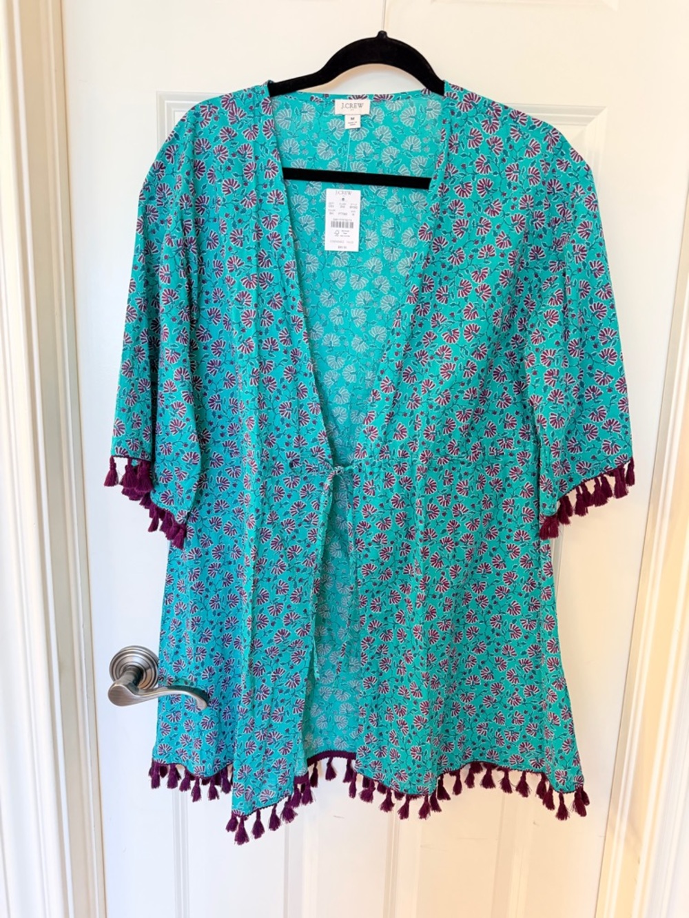 J. Crew Factory Teal & Burgundy Tassel Tie Front Swim Coverup - Picture 2 of 5